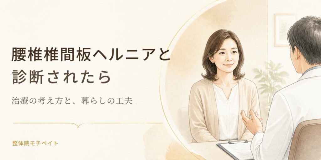 腰椎椎間板ヘルニアと診断された後の治療の考え方と、日常生活の工夫を紹介する整体院モチベイトのブログ画像